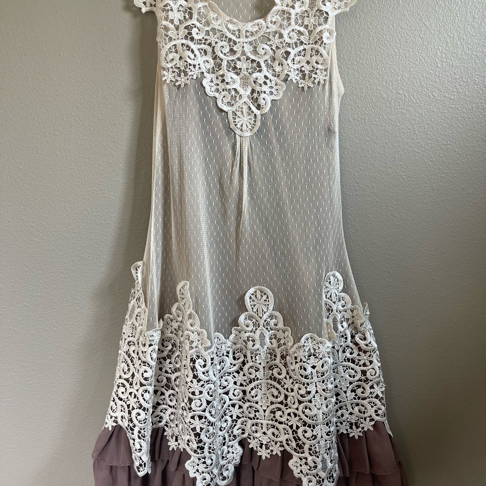 Sheer lace cream dress and under dress layer in brown.  Country vibe, warn twice
